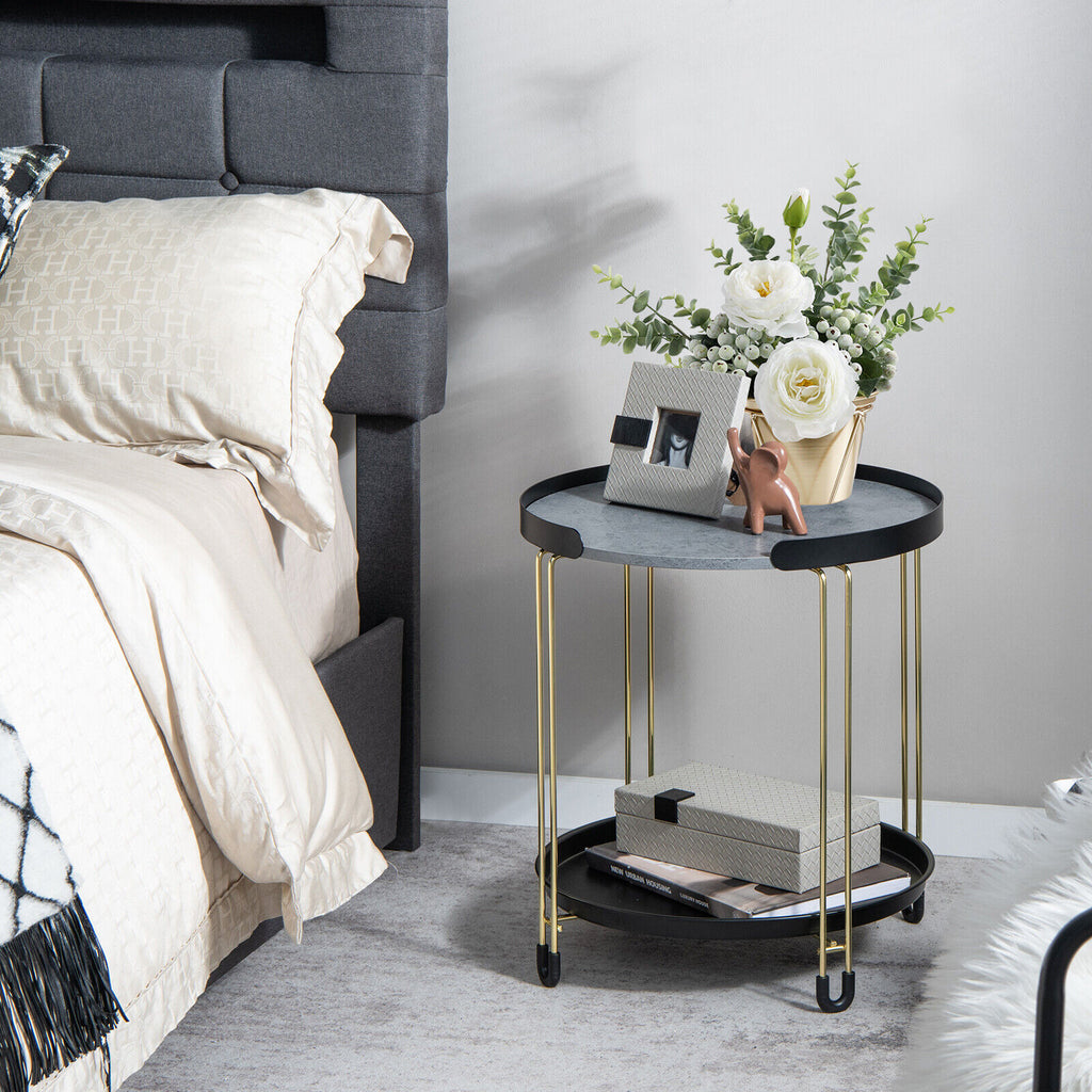2-Tier Round Side Table with Removable Tray - Golden