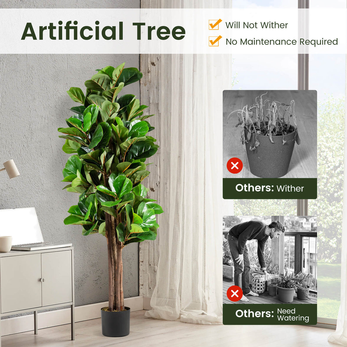 5 Feet Artificial Fiddle Leaf Fig Tree - Decorative Indoor Plant with Pot