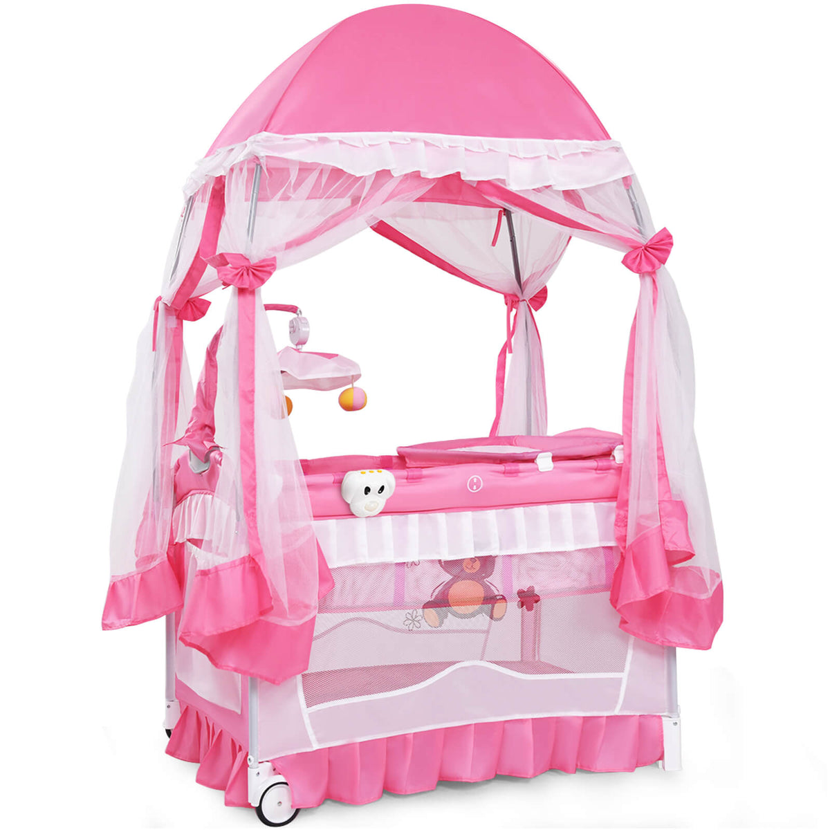 4-in-1 Portable Baby Playard with Carry Bag, Mosquito Net & Removable Bassinet - Pink