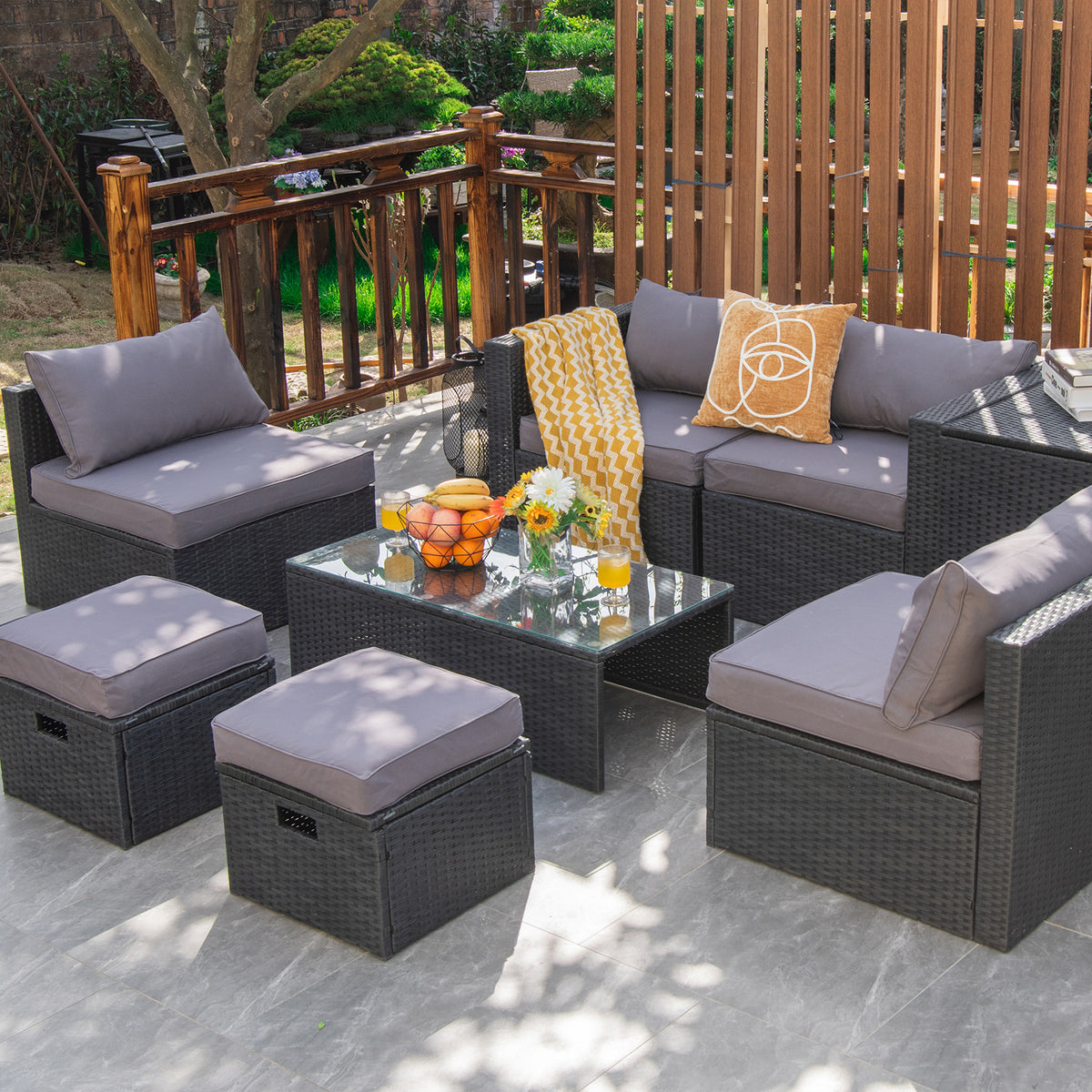 8-Piece Patio Furniture Set with Storage Box & Cover - Black Rattan, Gray