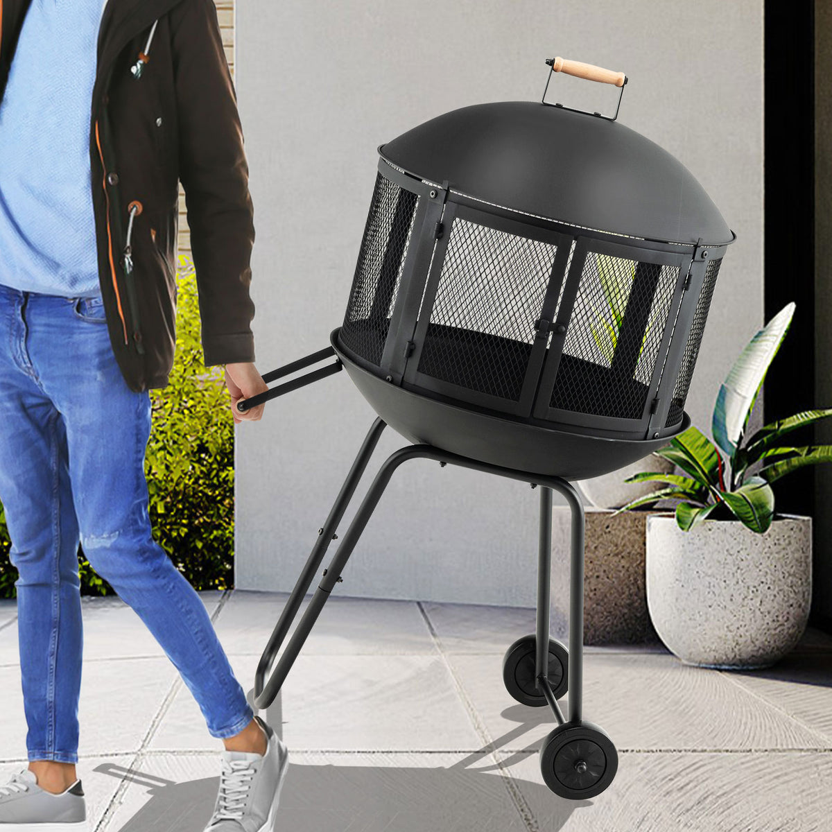 28 Inch Portable Fire Pit on Wheels - Black