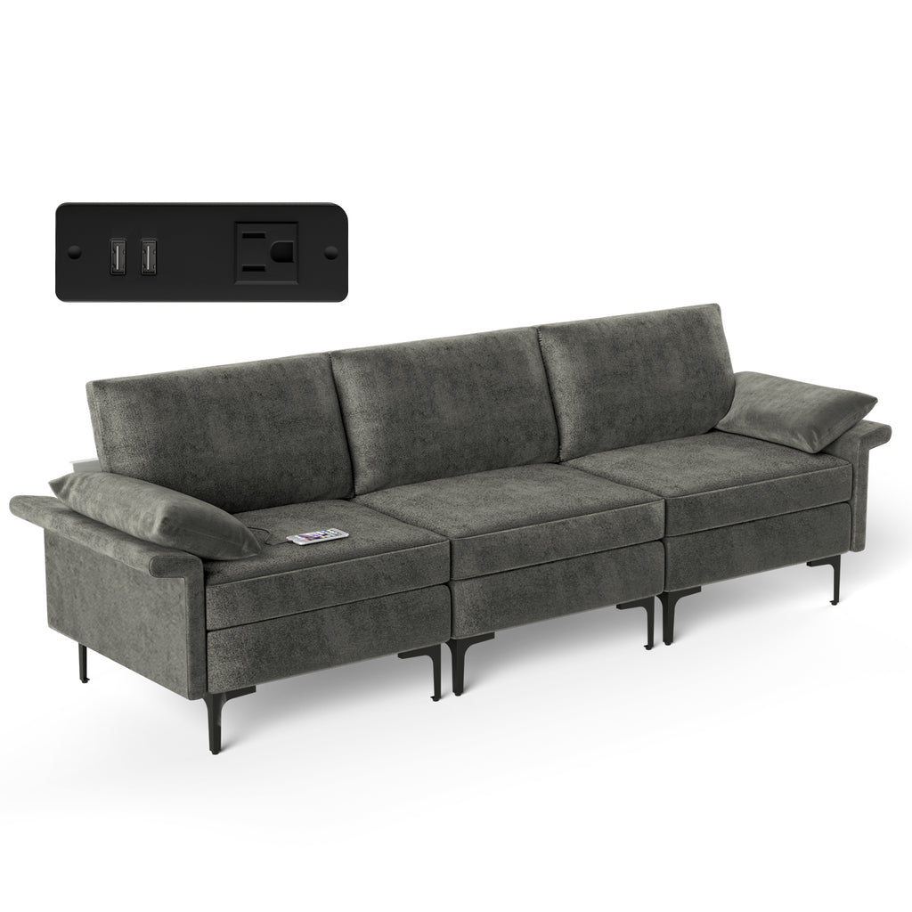 3-Seat Sofa with USB Ports and Metal Legs, Gray