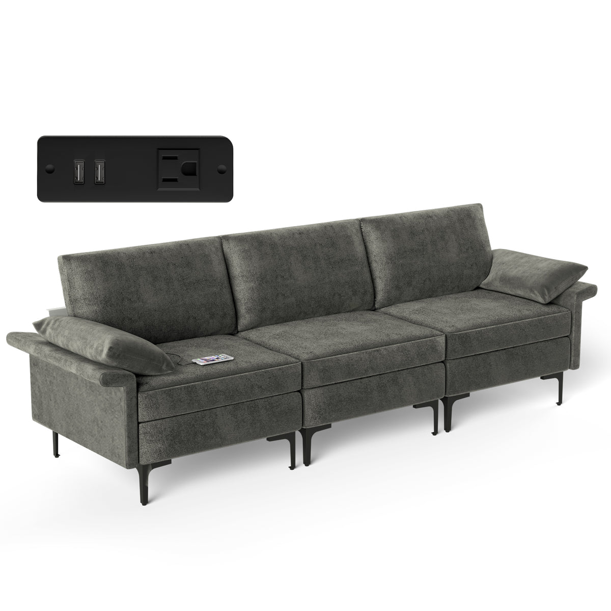 3-Seat Sofa with USB Ports and Metal Legs, Gray