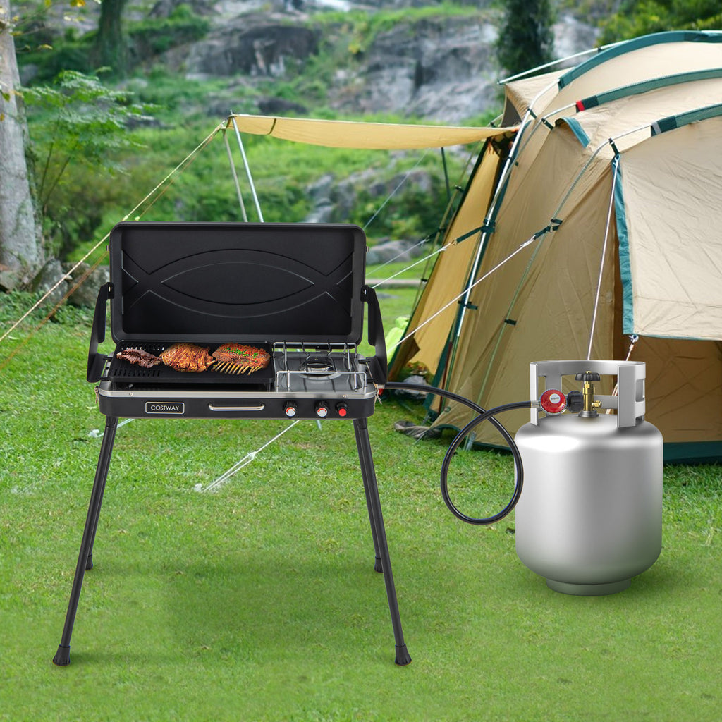 2-in-1 Camping Gas Grill and Stove with Detachable Legs - Black