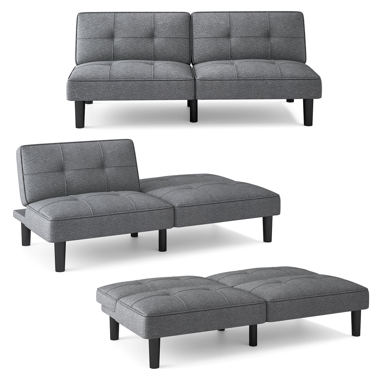 Convertible Futon Sofa Bed with 6-Position Backrest - Gray