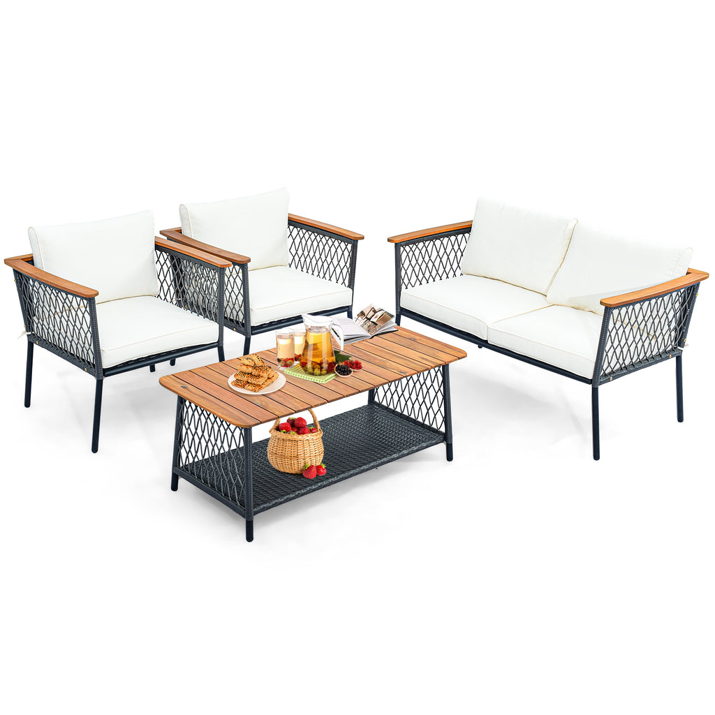 4-Piece Patio Rattan Furniture Set with Coffee Table - White