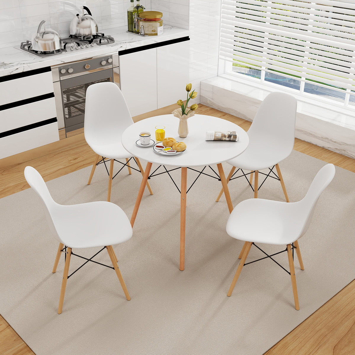 Modern Round Dining Table White - Beech Wood Legs
