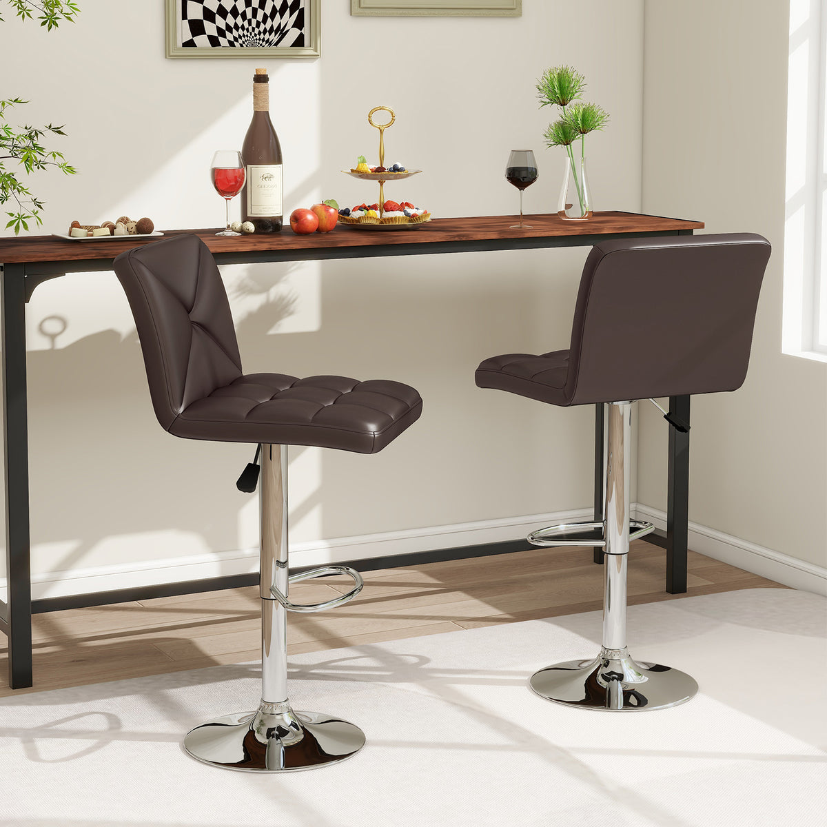 PU Leather Bar Stools Set of 2 with Back, Adjustable Height - Diamond Pattern, Brown
