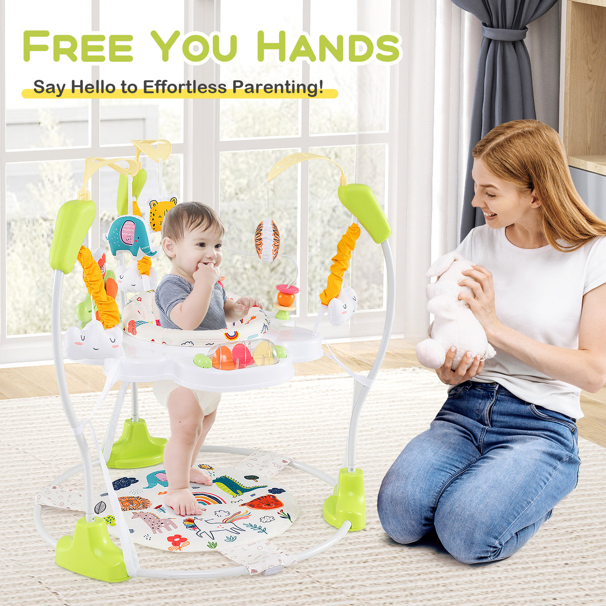 Height Adjustable Baby Bouncing Saucer with Interactive Toys - Yellow
