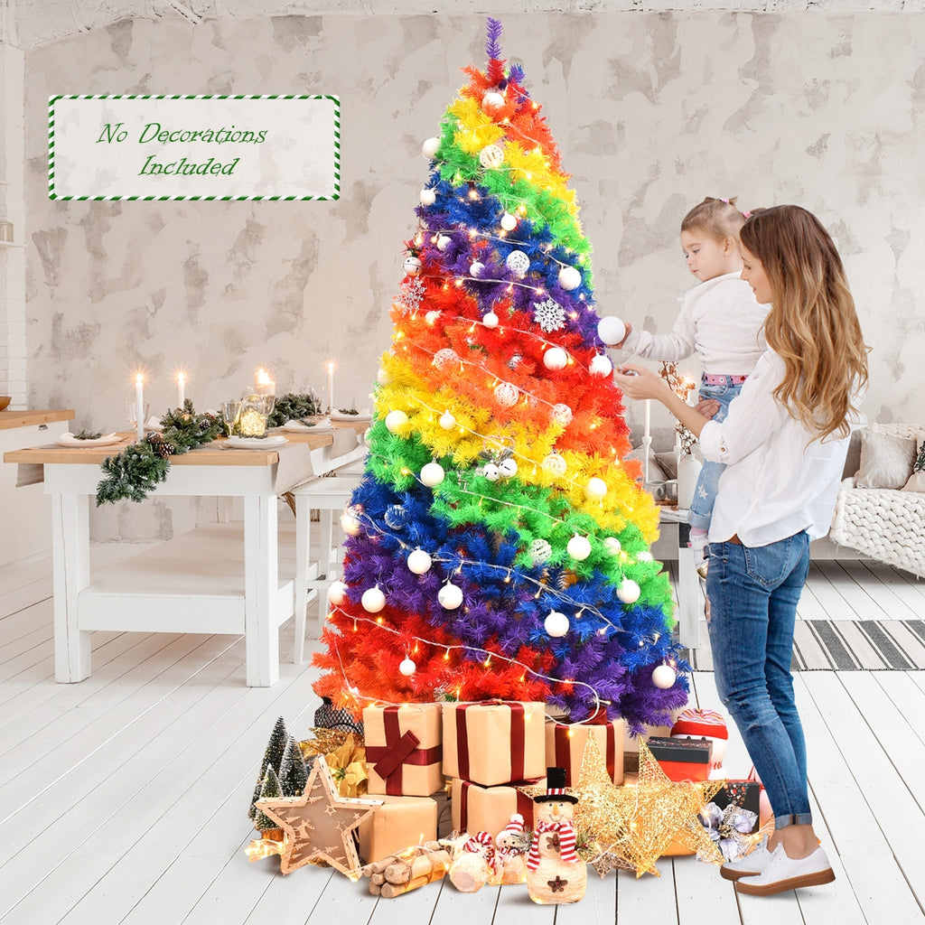7 Feet Artificial Christmas Tree with Rainbow Tips and Metal Stand