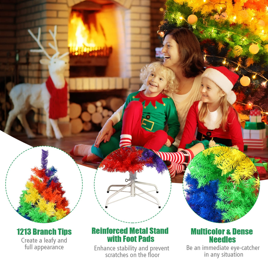 7 Feet Artificial Christmas Tree with Rainbow Tips and Metal Stand