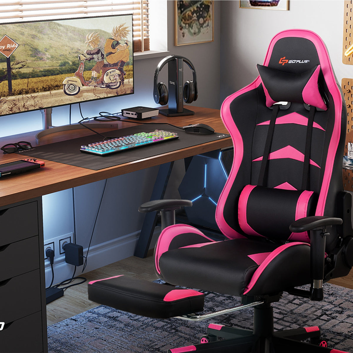 Massage Gaming Chair with Footrest - Pink
