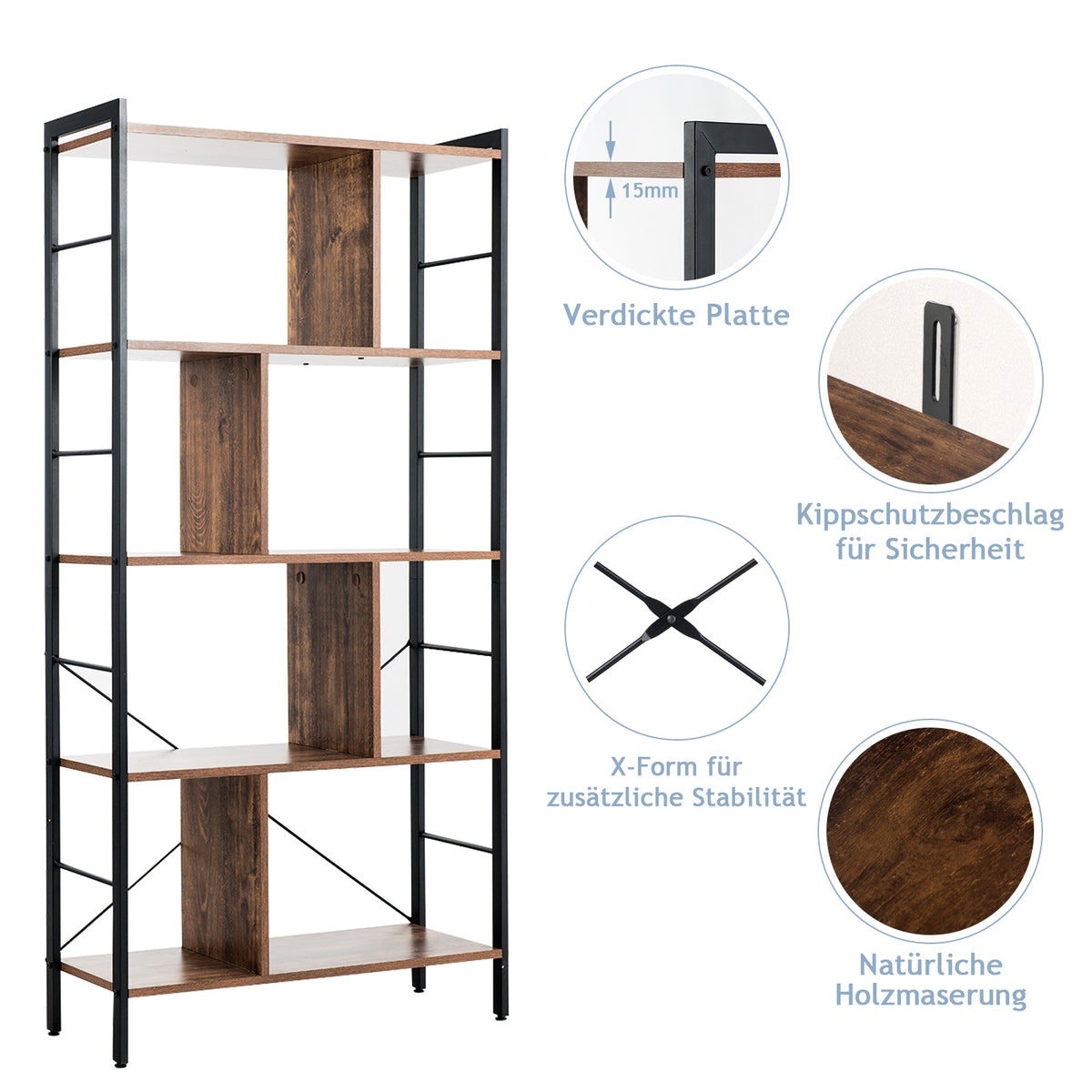 4-Tier Industrial Freestanding Bookshelf with Metal Frame