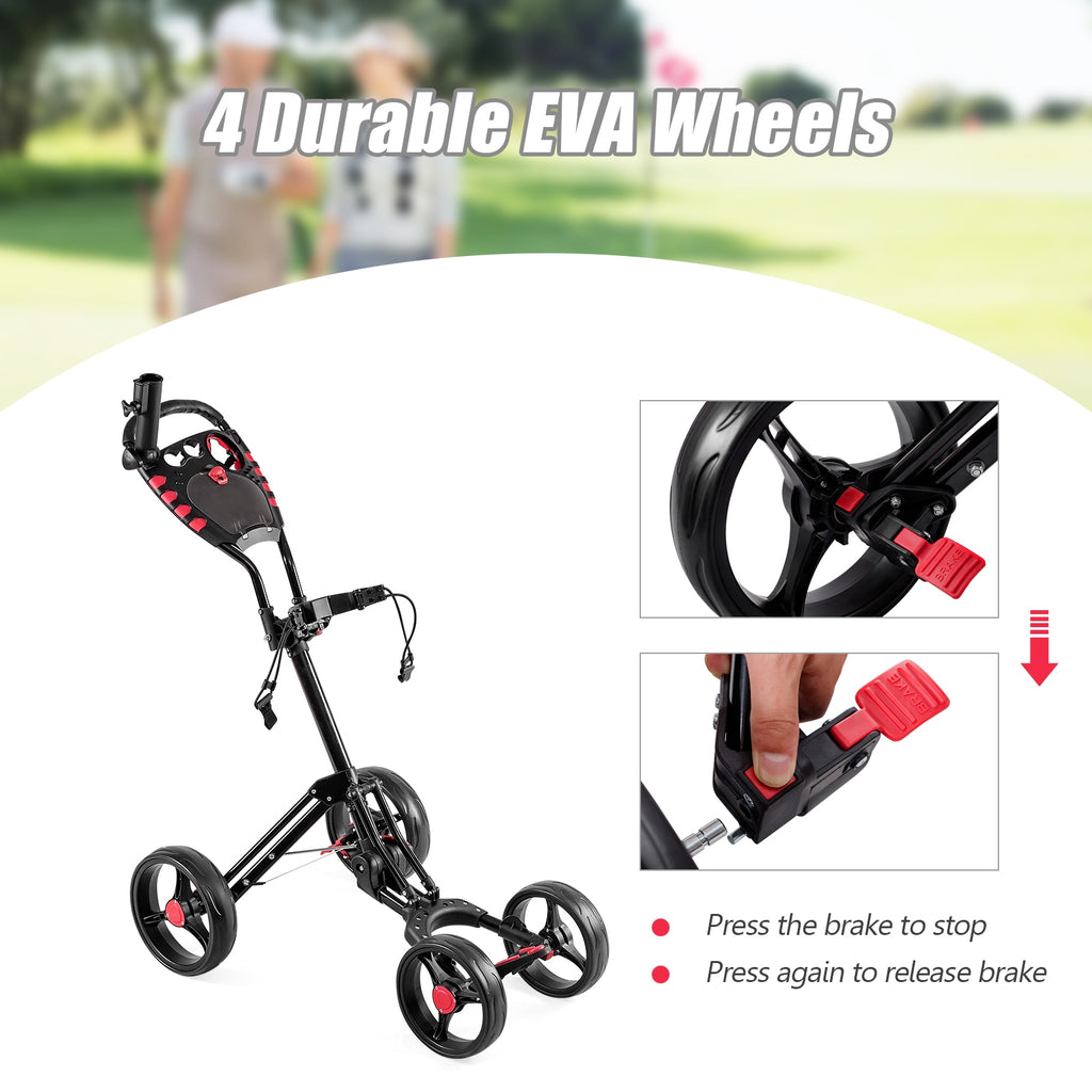 4 Wheel Folding Golf Push Cart Trolley with Adjustable Handle & Accessories