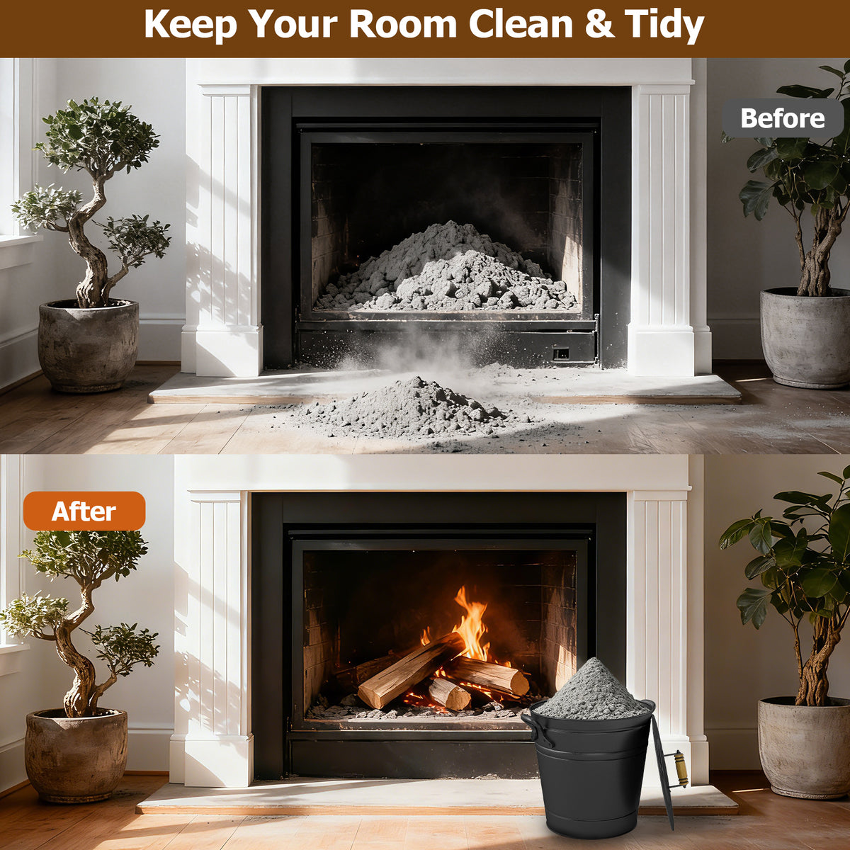 2.9 Gallon Metal Coal Ash Can with Wooden Lid and Side Grips for