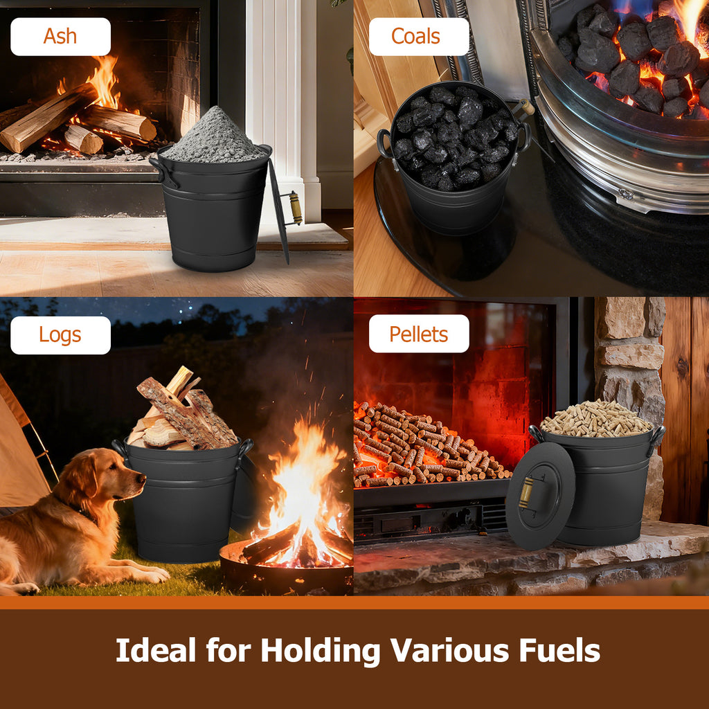 2.9 Gallon Metal Coal Ash Can with Wooden Lid and Side Grips for