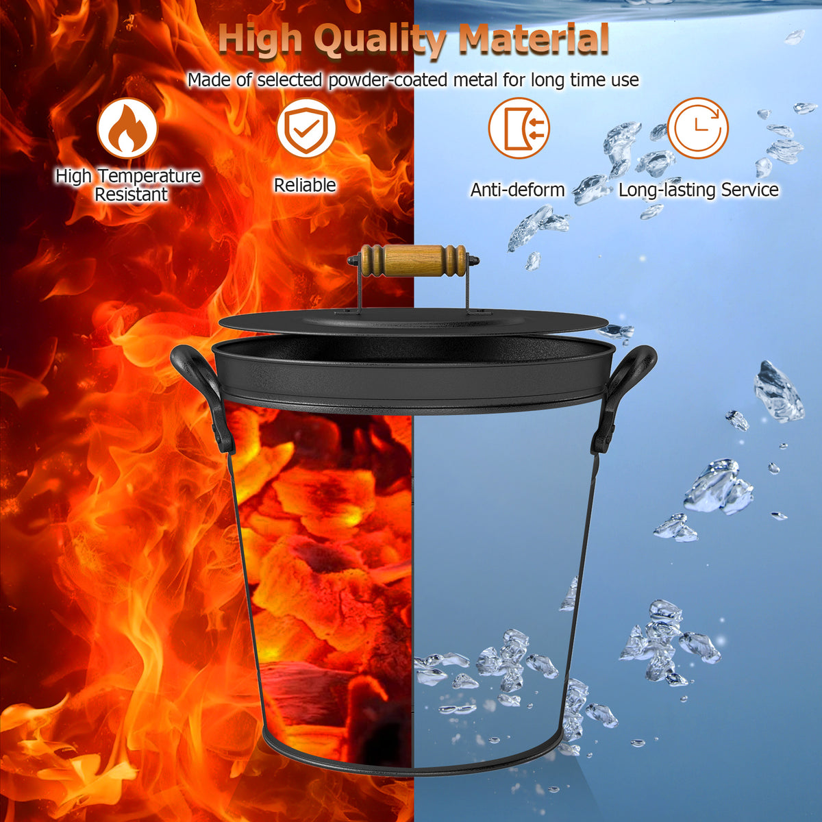 2.9 Gallon Metal Coal Ash Can with Wooden Lid and Side Grips for
