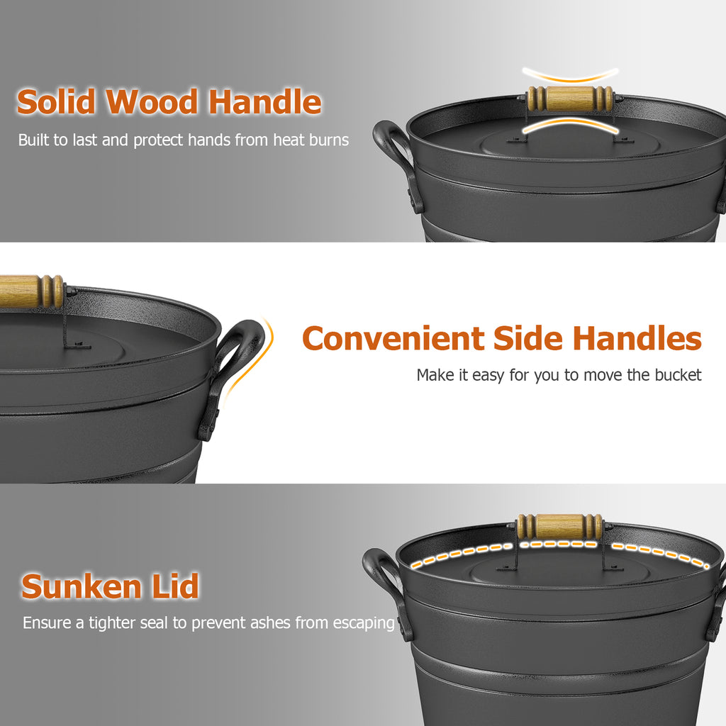 2.9 Gallon Metal Coal Ash Can with Wooden Lid and Side Grips for