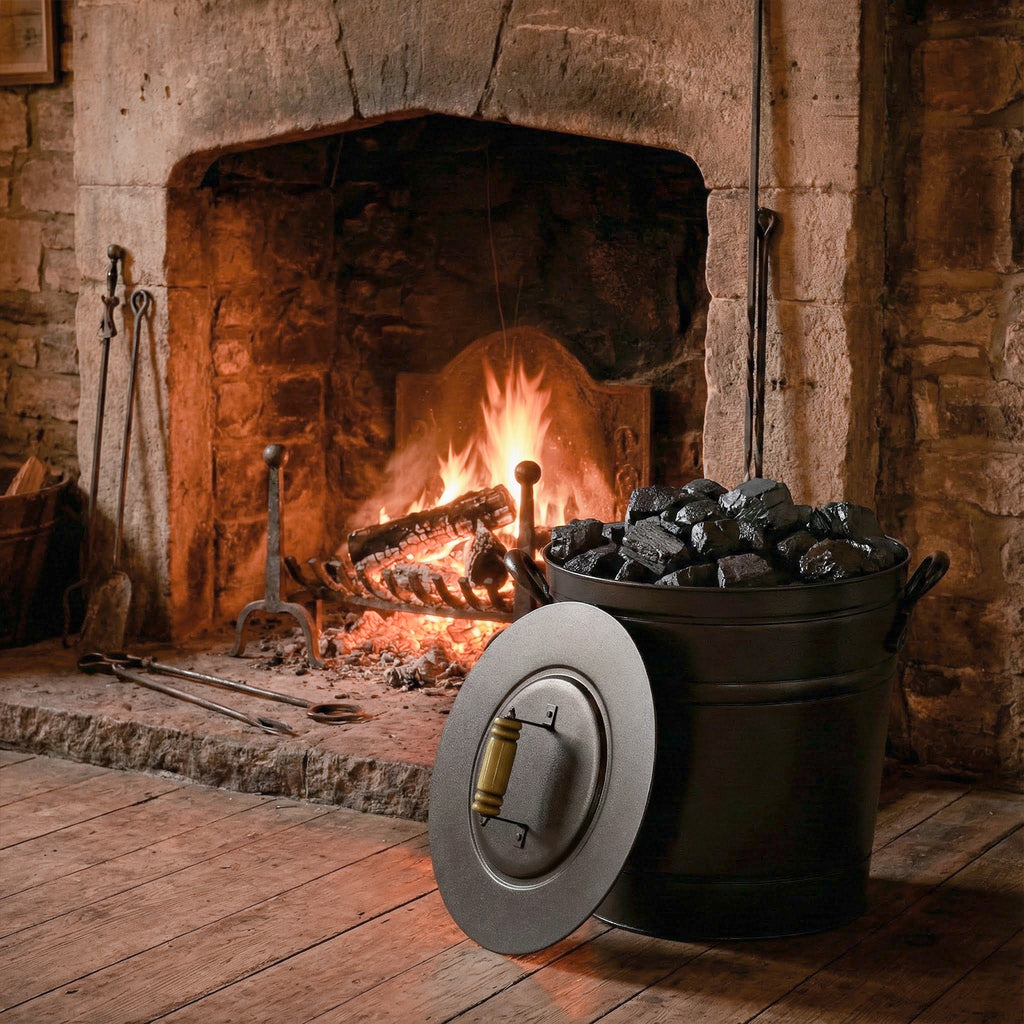 2.9 Gallon Metal Coal Ash Can with Wooden Lid and Side Grips for