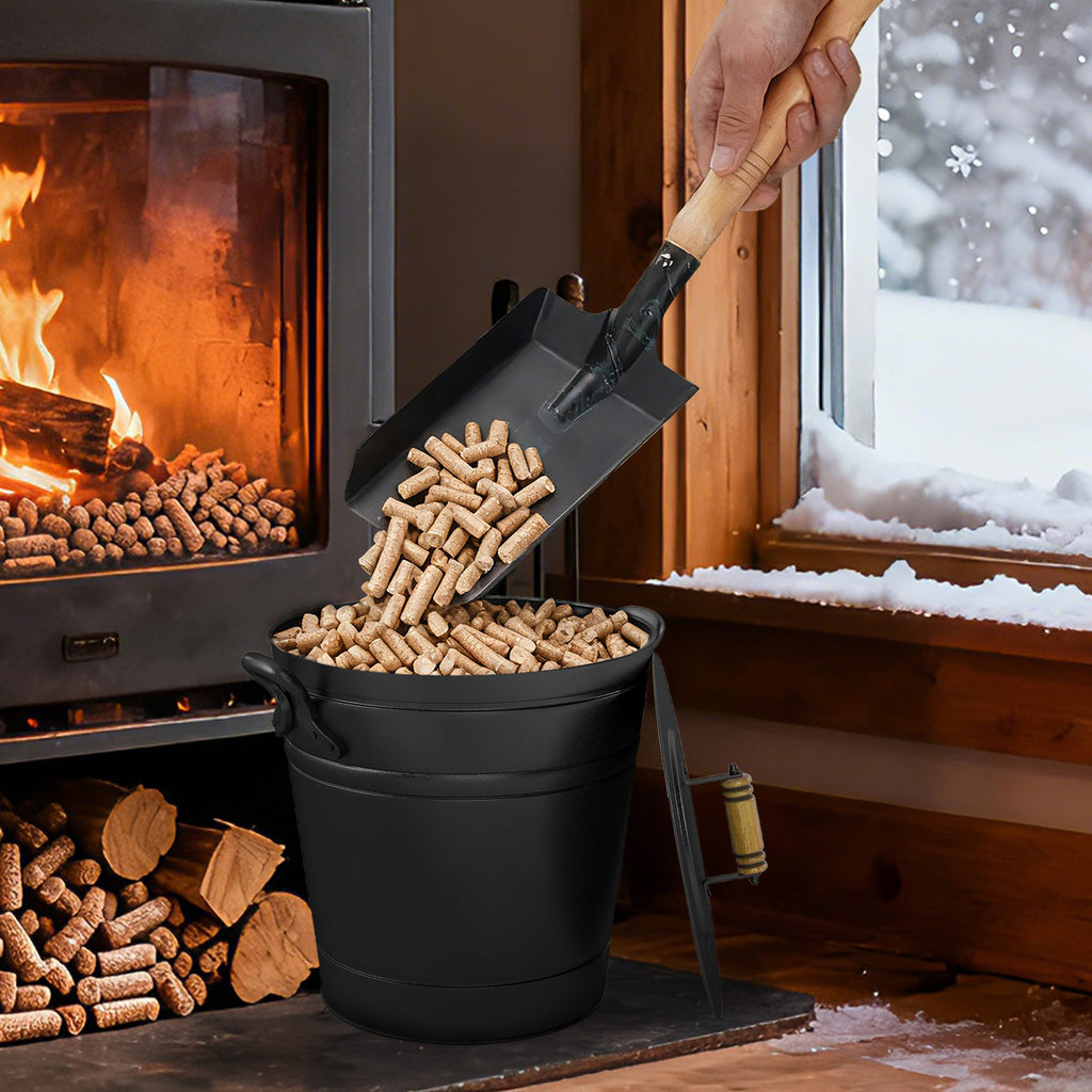 2.9 Gallon Metal Coal Ash Can with Wooden Lid and Side Grips for