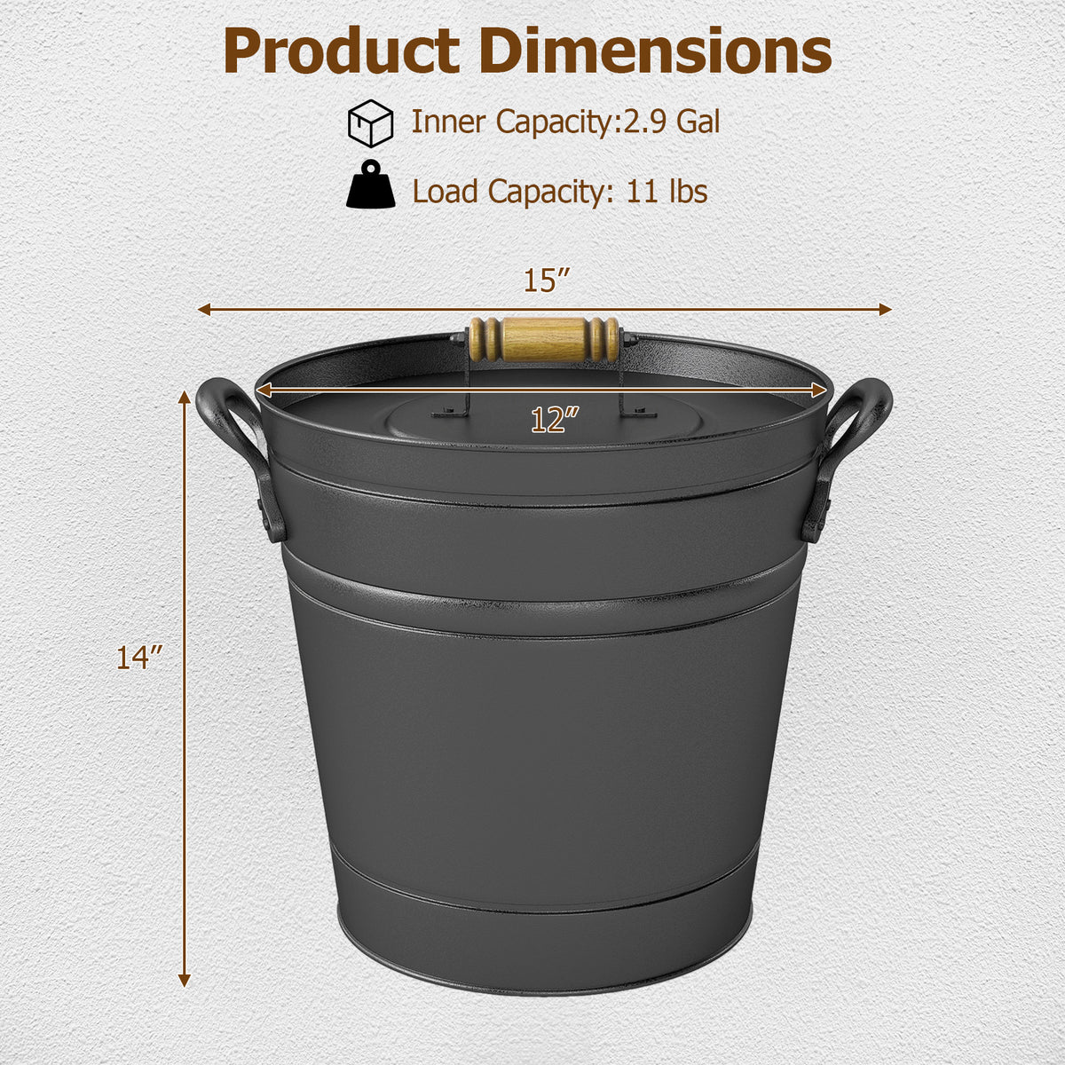 2.9 Gallon Metal Coal Ash Can with Wooden Lid and Side Grips for