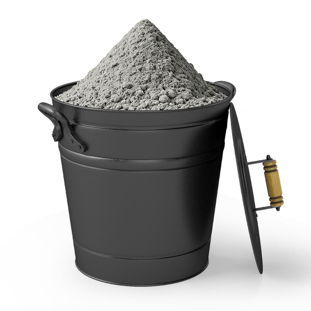2.9 Gallon Metal Coal Ash Can with Wooden Lid and Side Grips for