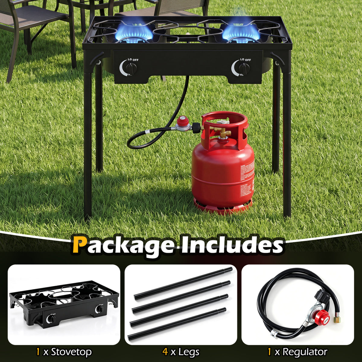 2 Burner Propane Stove 160000 BTU with Adjustable Regulator & Hose