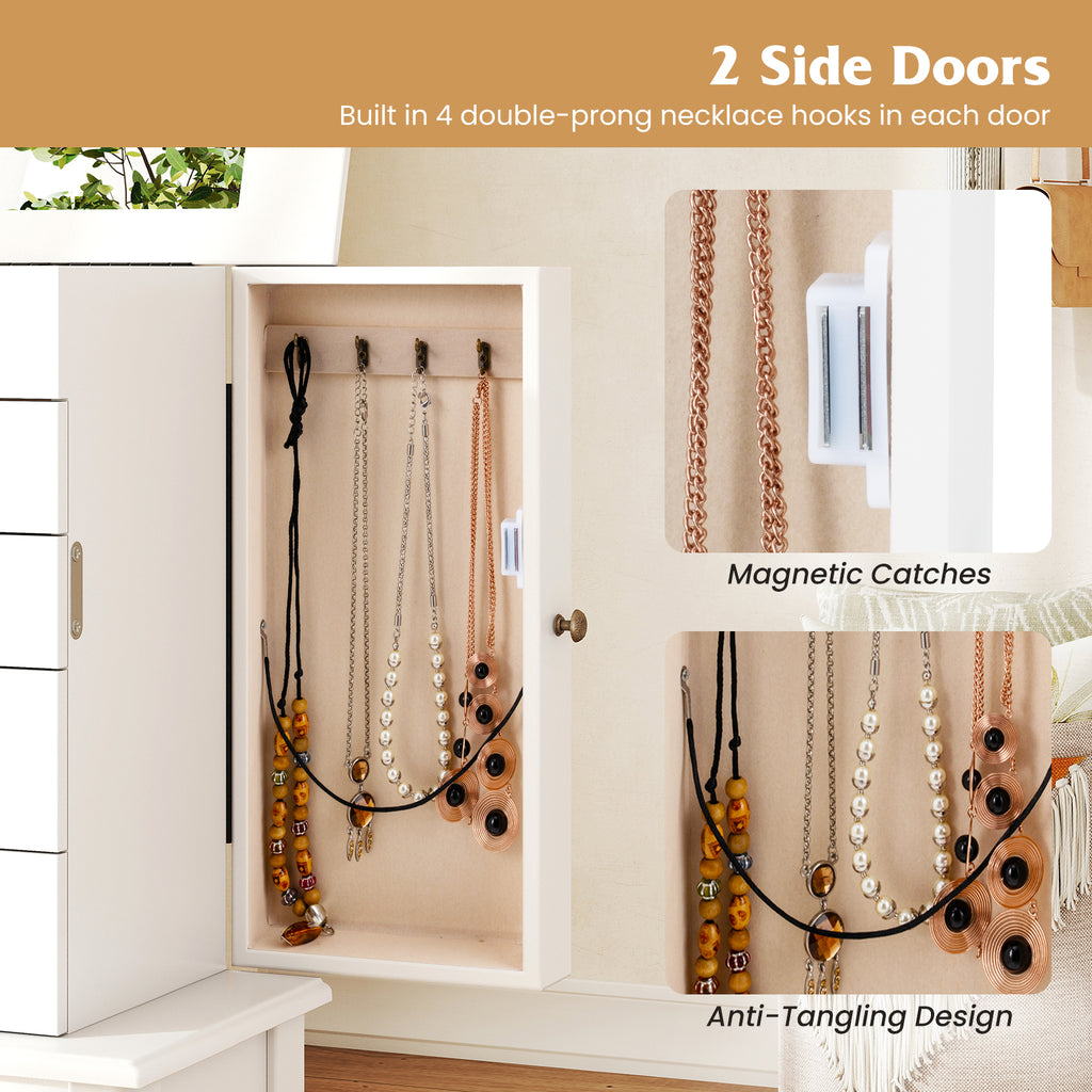 Jewelry Armoire Storage Cabinet with Mirror - White