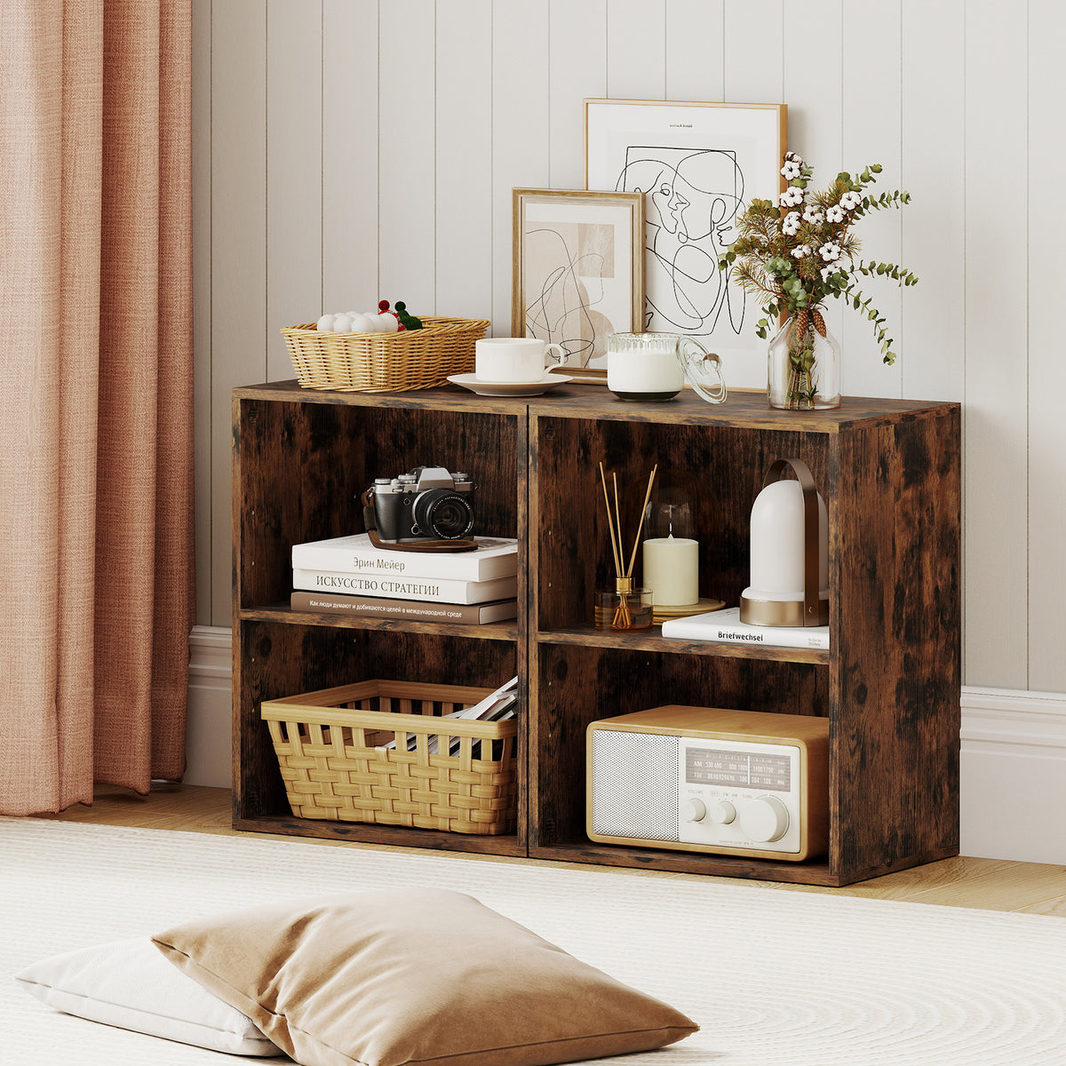 2-Cube Bookcase Floor Standing Open Shelf - Brown