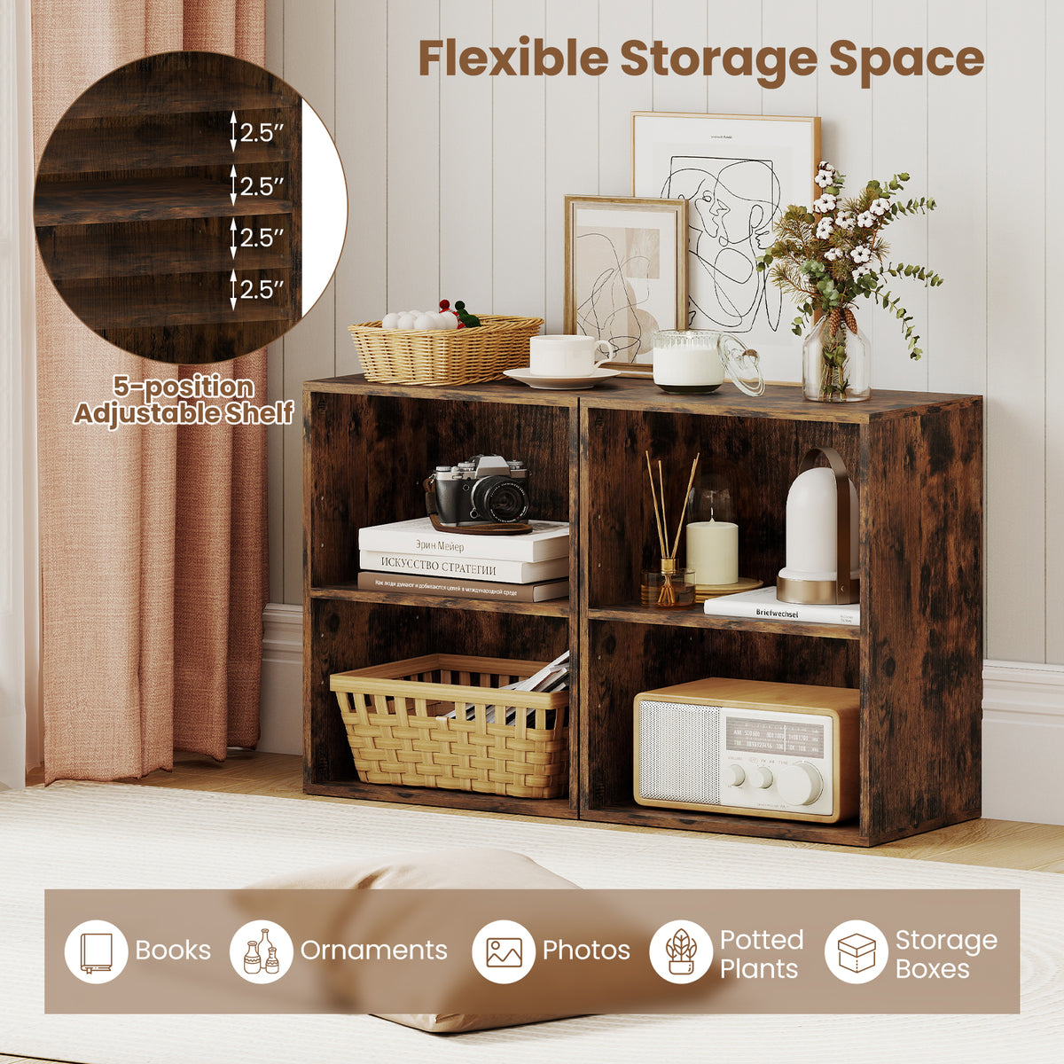 2-Cube Bookcase Floor Standing Open Shelf - Brown