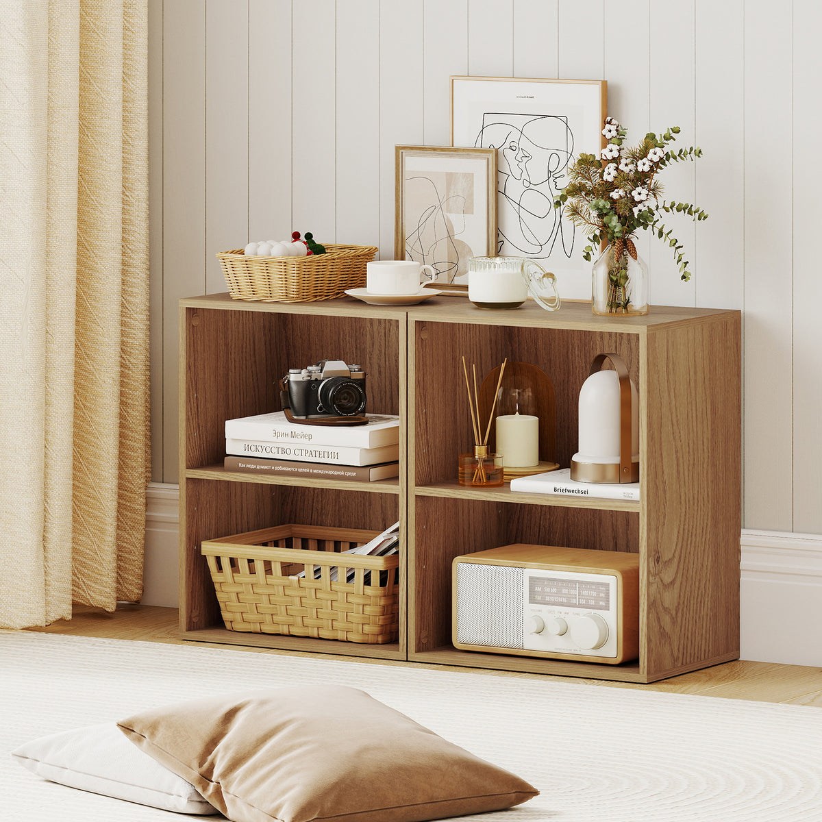 2-Cube Bookcase Floor Standing Open Bookshelf - Natural