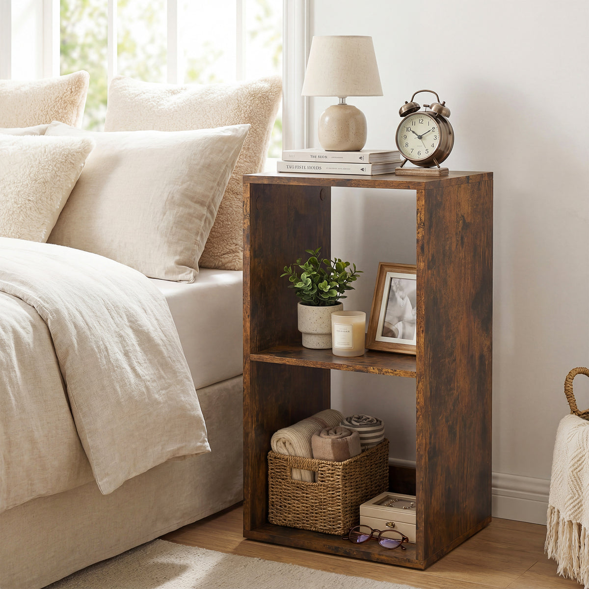 2 Cube Bookshelf with Back Guardrail, Rustic Brown