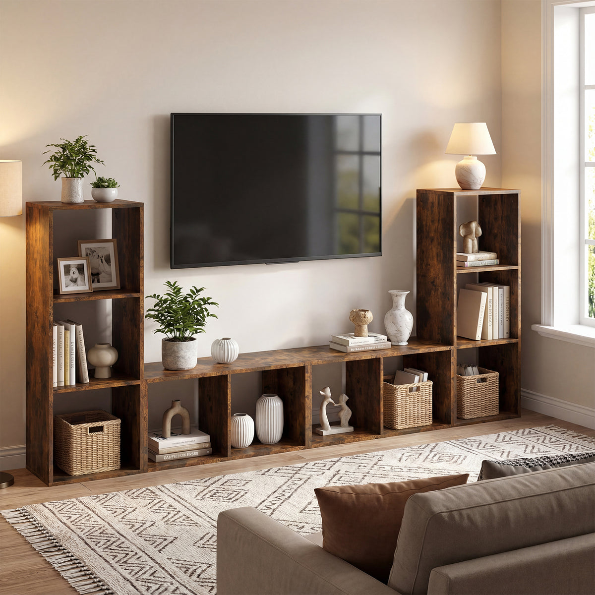 2 Cube Bookshelf with Back Guardrail, Rustic Brown