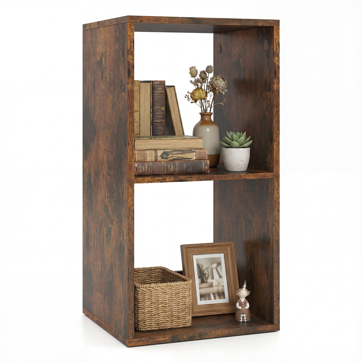 2 Cube Bookshelf with Back Guardrail, Rustic Brown