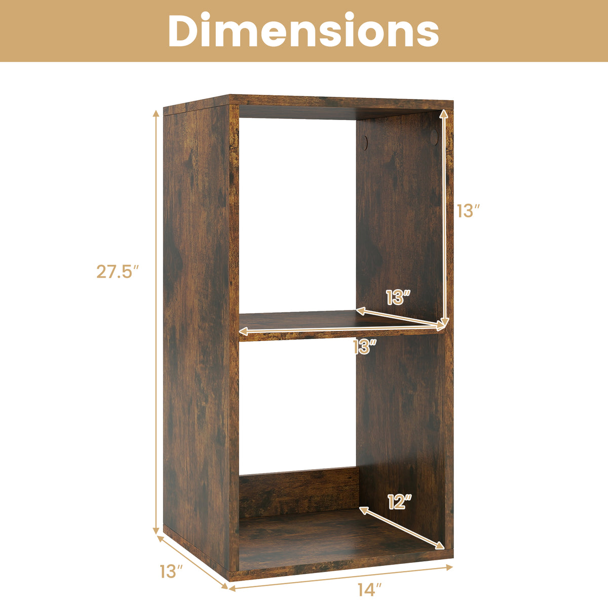 2 Cube Bookshelf with Back Guardrail, Rustic Brown