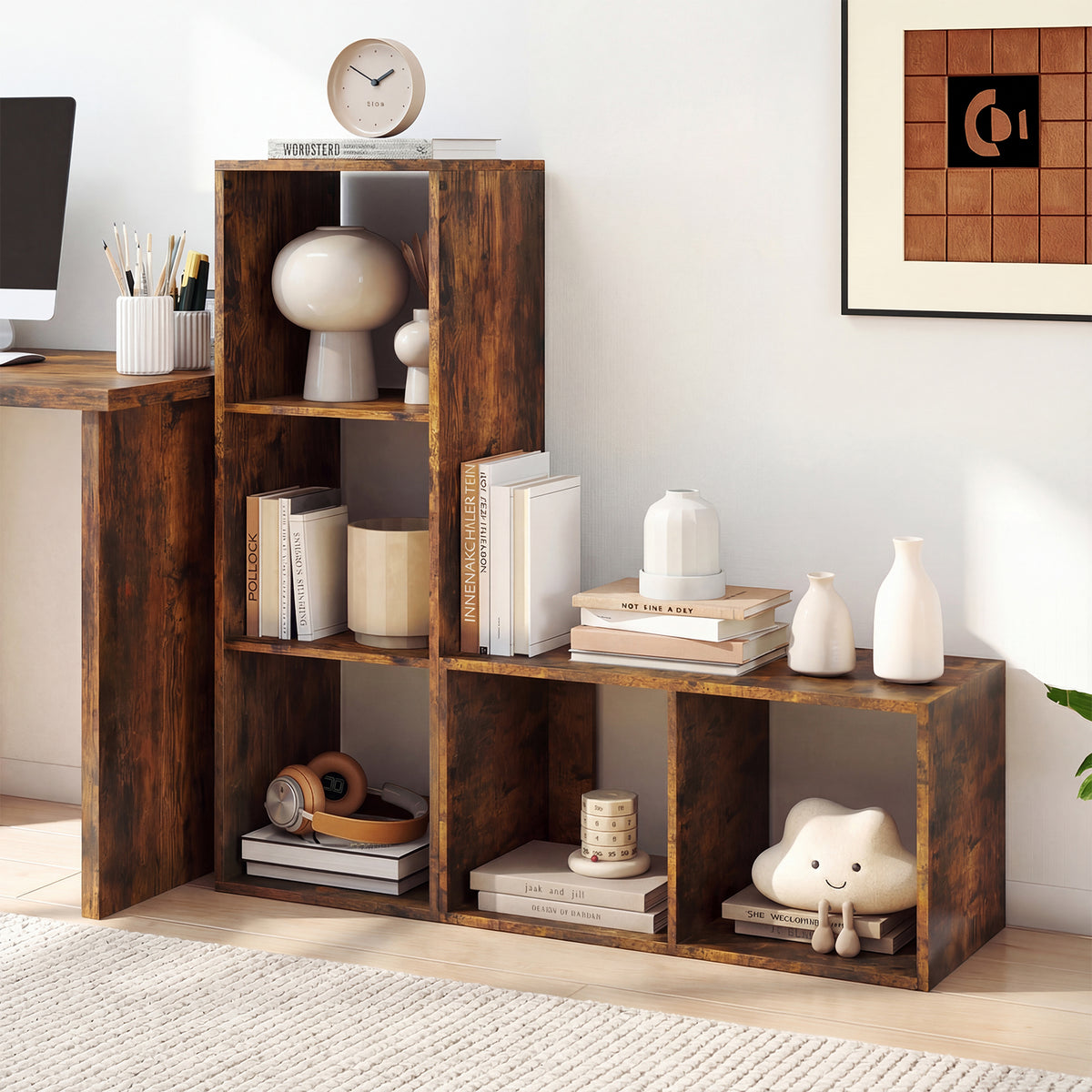 2 Cube Bookshelf with Back Guardrail, Rustic Brown