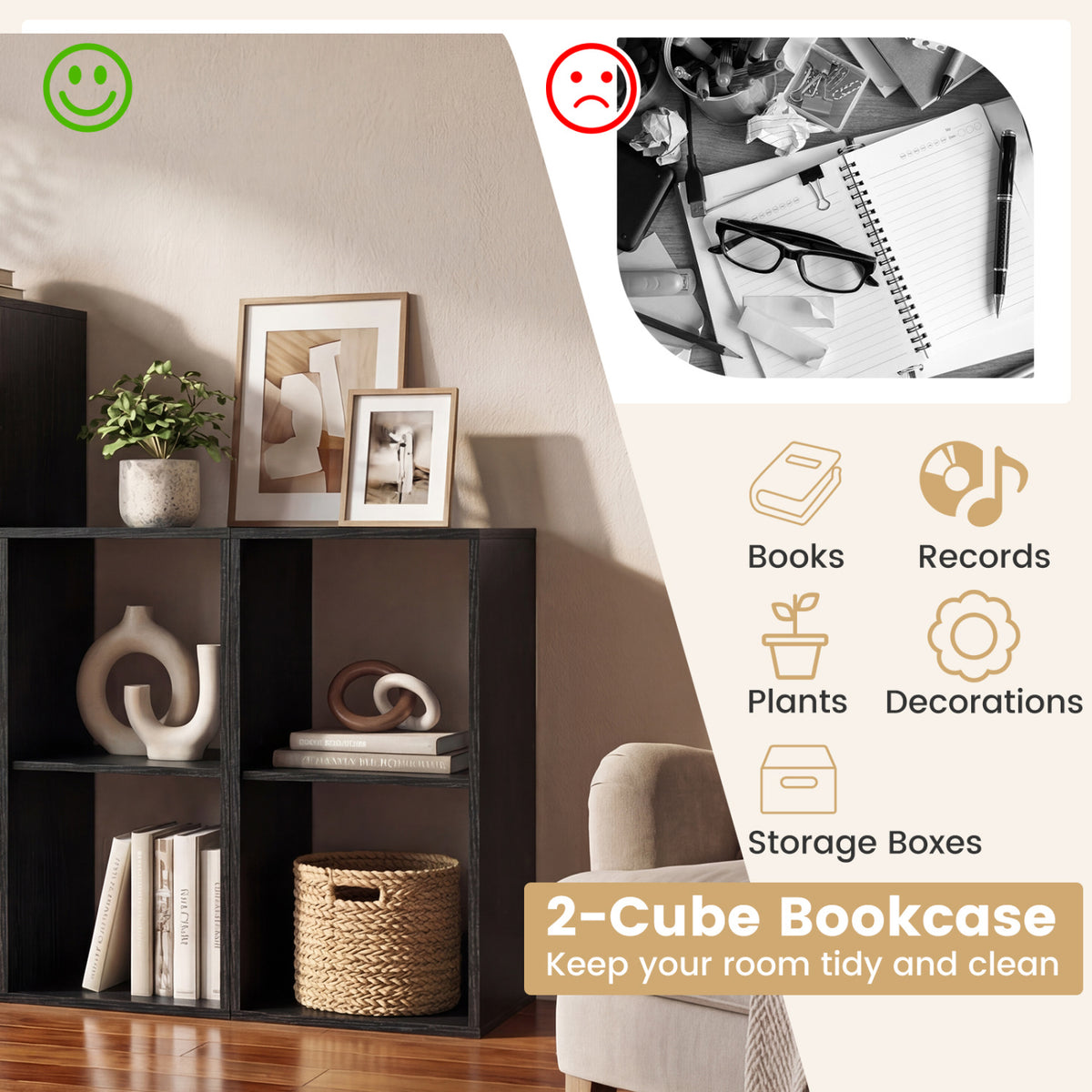 2 Cube Bookshelf with Back Guardrail - Black