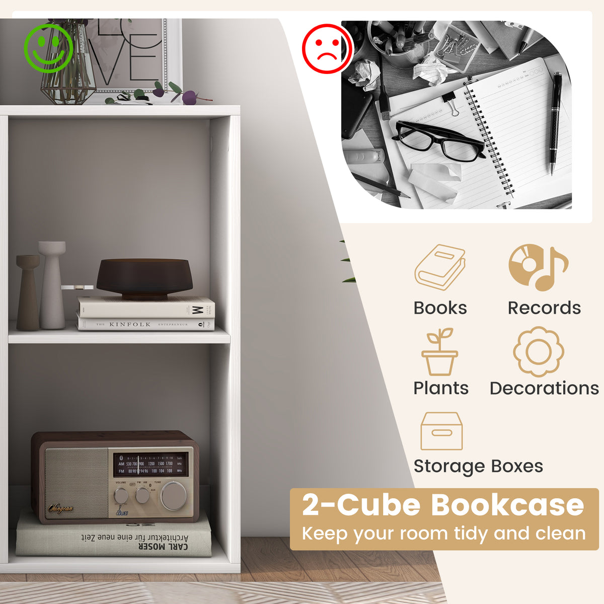 2 Cube Bookshelf with Back Guardrail - White
