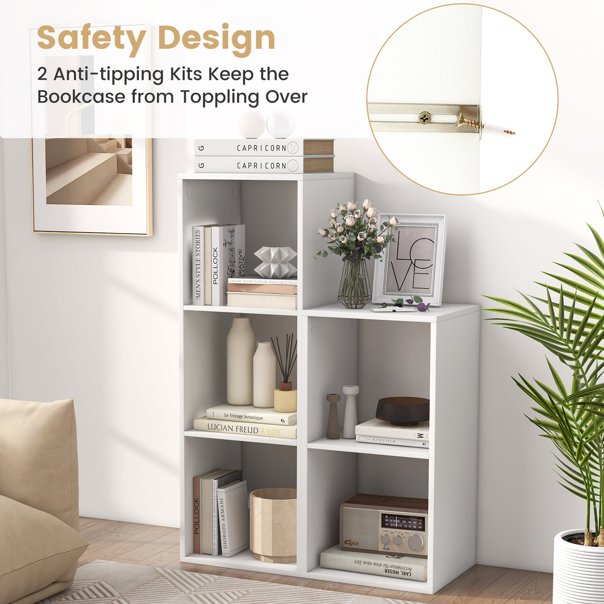 2 Cube Bookshelf with Back Guardrail - White