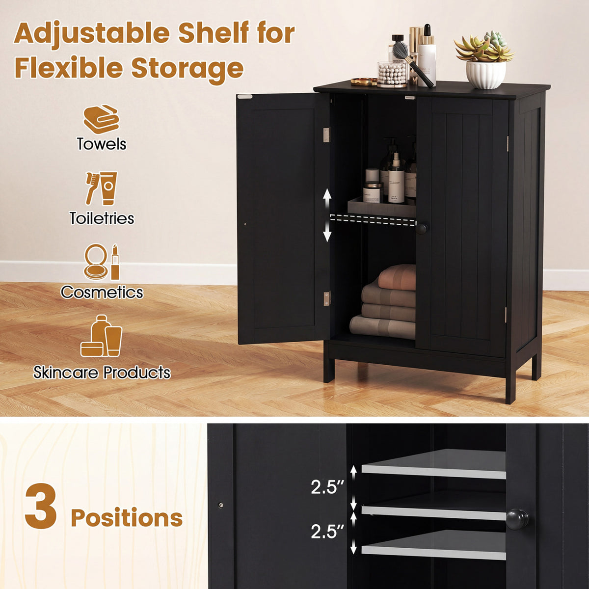 2-Door Bathroom Cabinet with Adjustable Shelf, 34.5-Inch H, Black