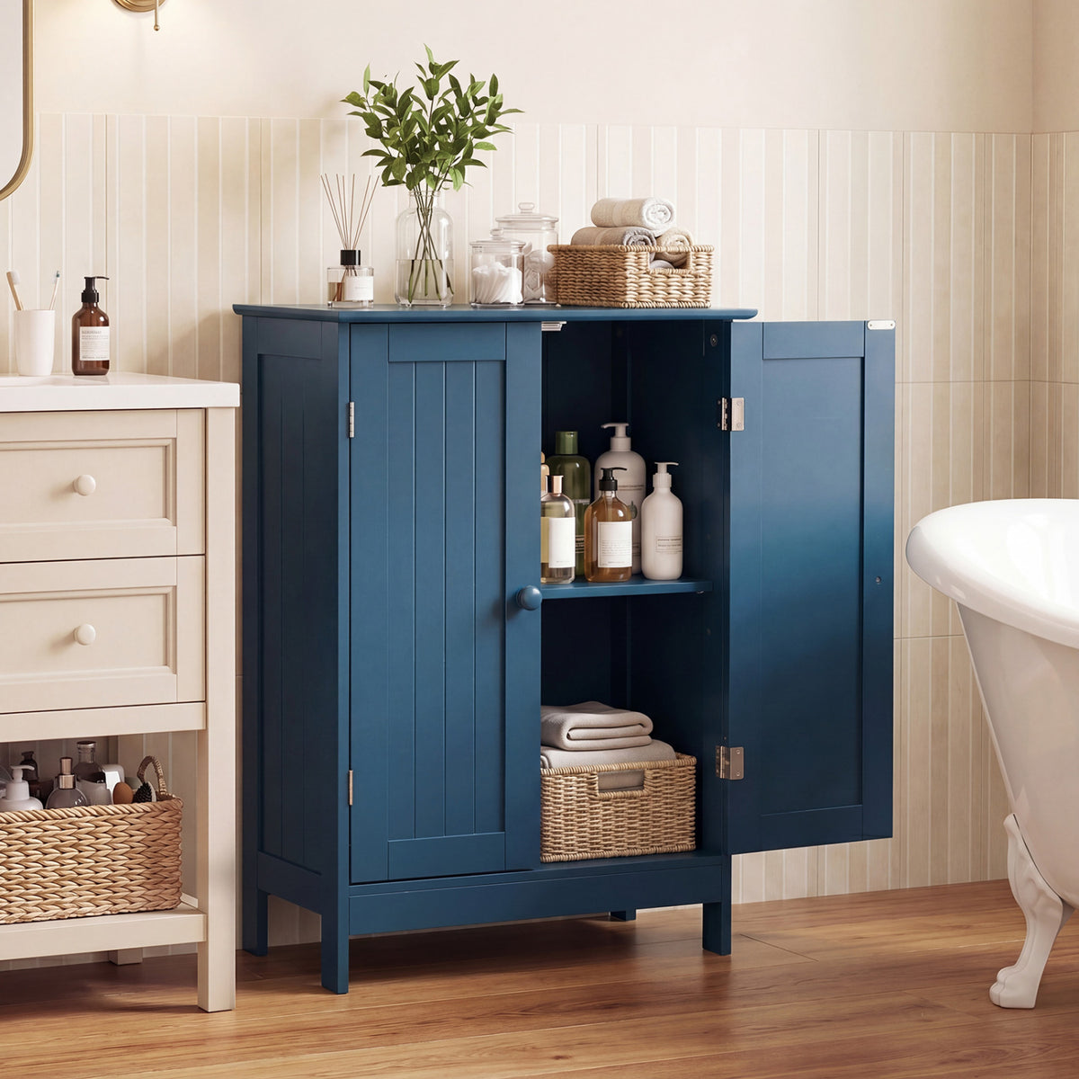 2-Door Freestanding Wooden Bathroom Cabinet with Adjustable Shelf
