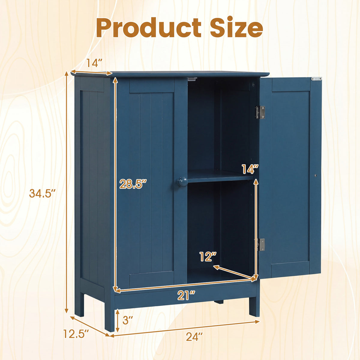 2-Door Freestanding Wooden Bathroom Cabinet with Adjustable Shelf