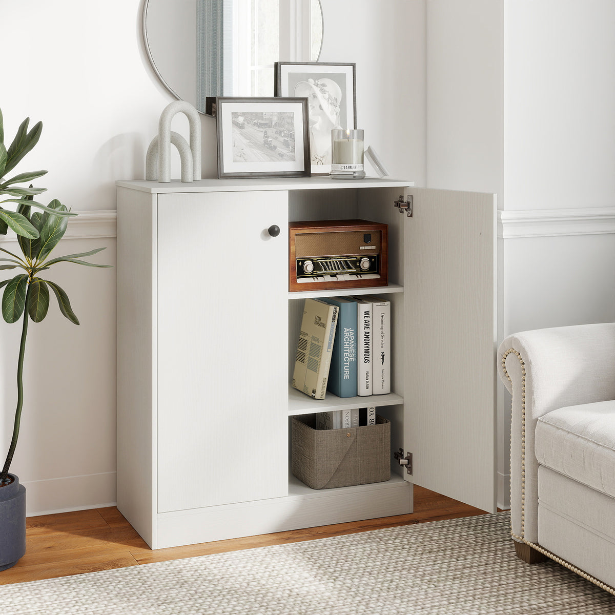 2-Door Storage Base Cabinet with 3-Tier Shelf - White