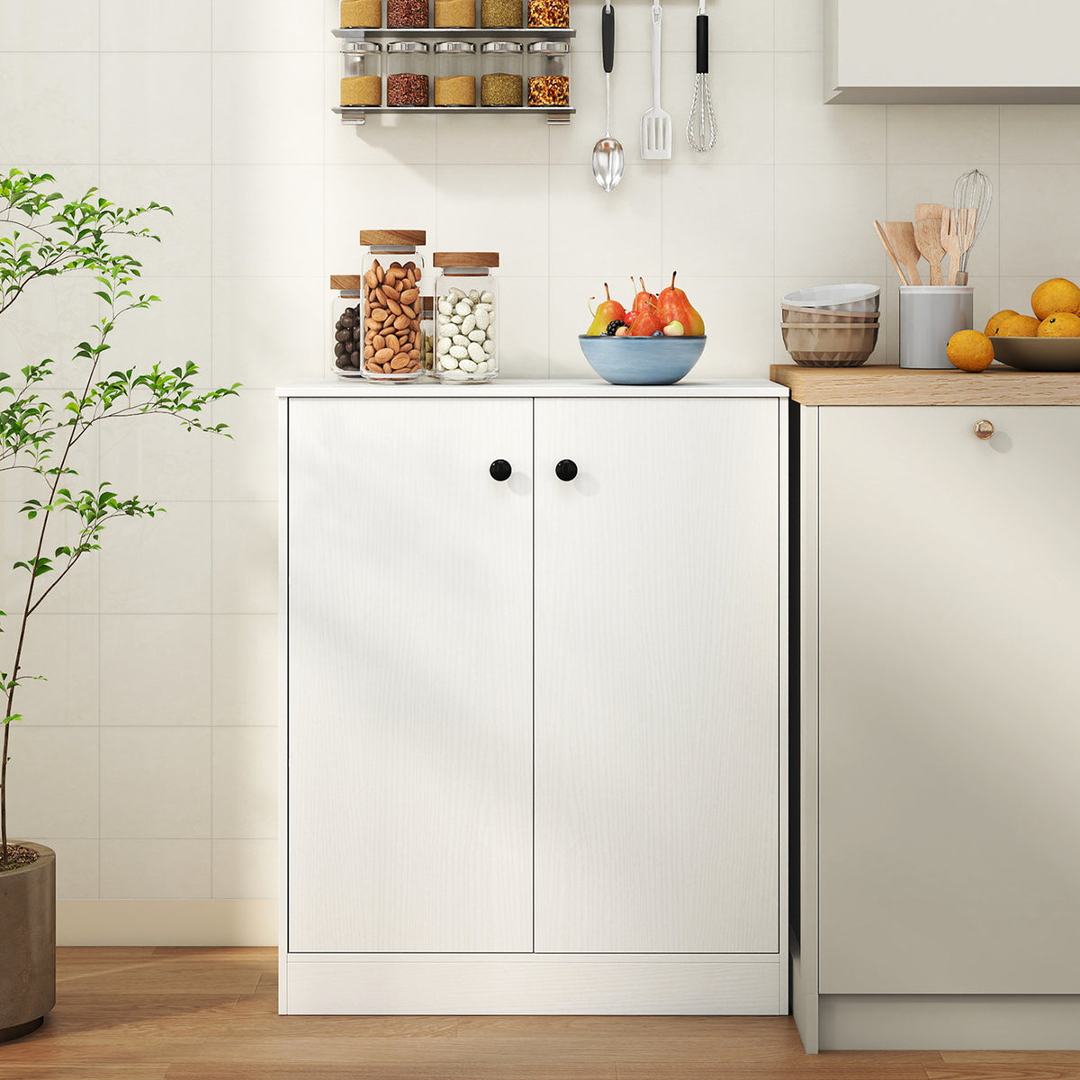 2-Door Storage Base Cabinet with 3-Tier Shelf - White