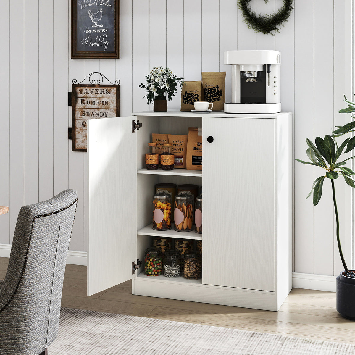 2-Door Storage Base Cabinet with 3-Tier Shelf - White