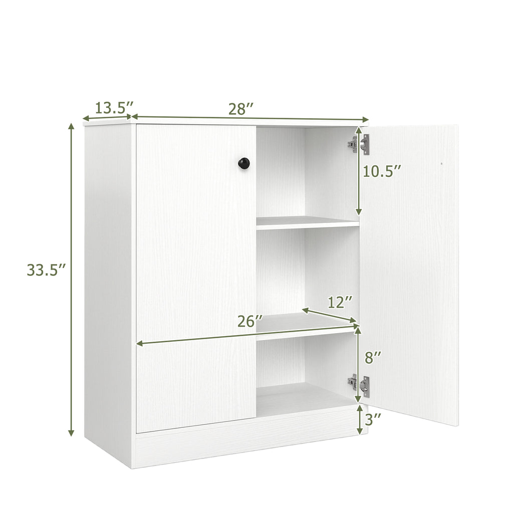 2-Door Storage Base Cabinet with 3-Tier Shelf - White
