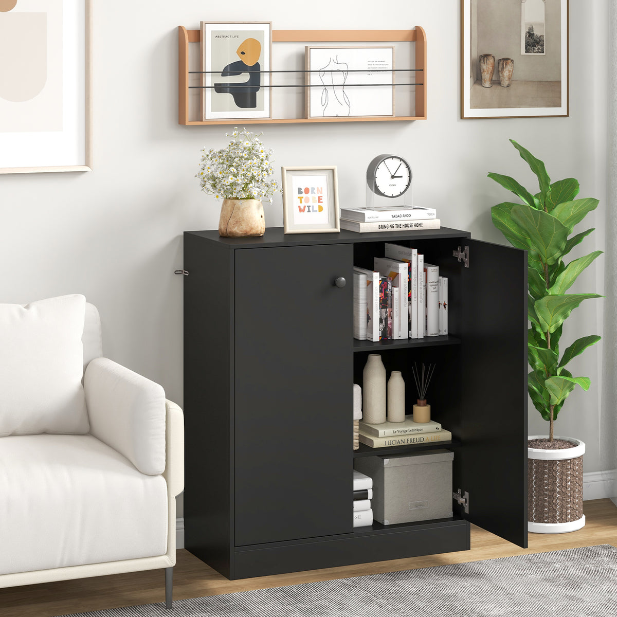 2-Door Modern Floor Storage Cabinet with 3-Tier Shelf - Black