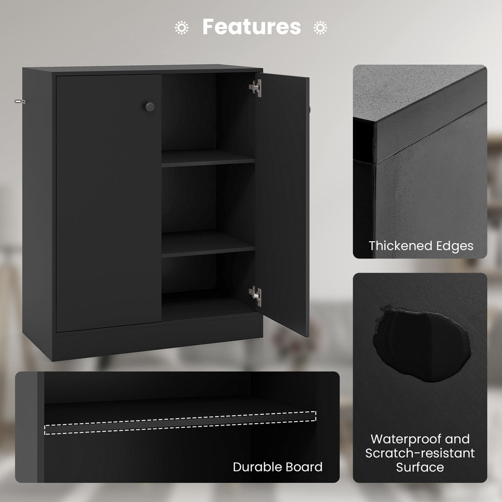 2-Door Modern Floor Storage Cabinet with 3-Tier Shelf - Black