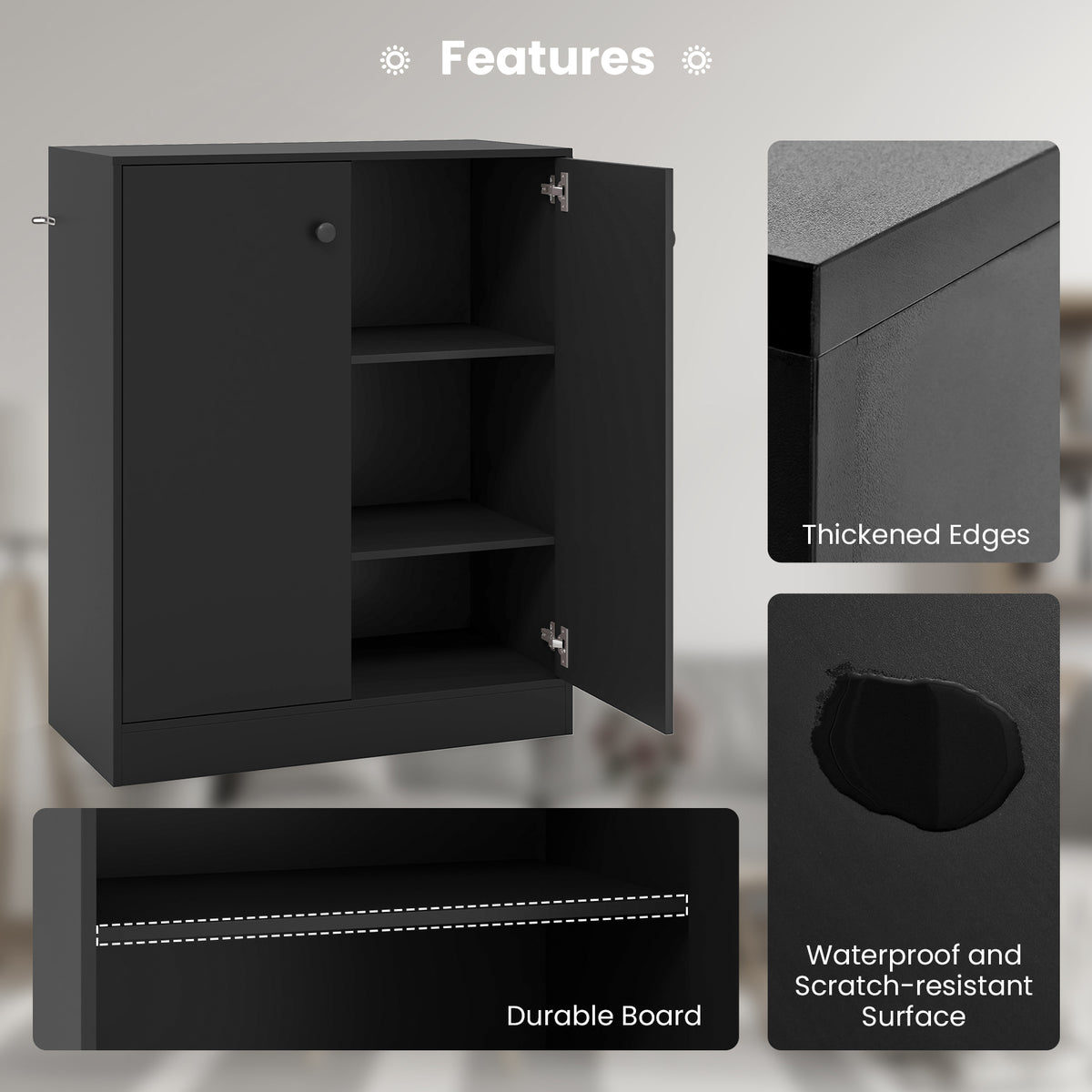 2-Door Modern Floor Storage Cabinet with 3-Tier Shelf - Black