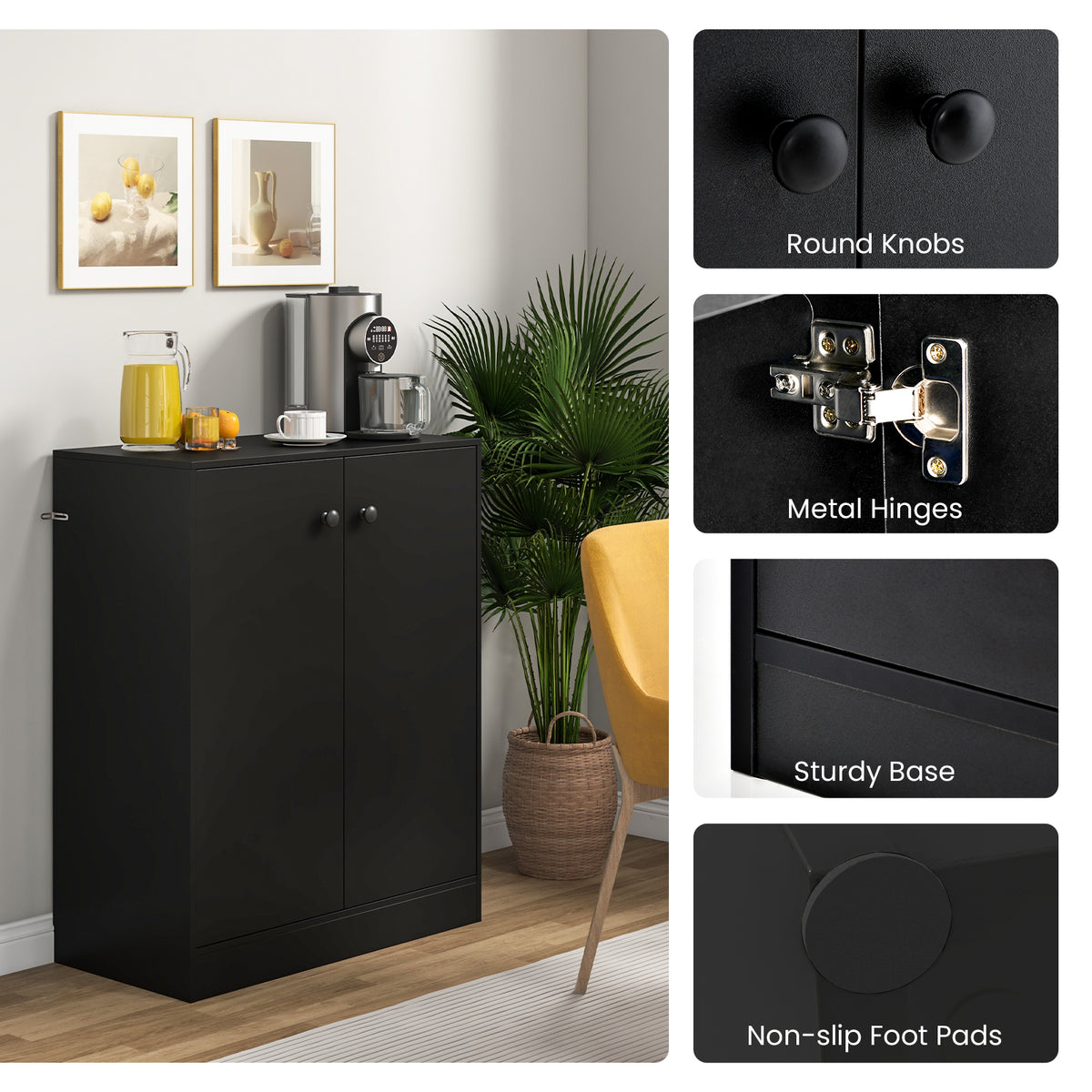 2-Door Modern Floor Storage Cabinet with 3-Tier Shelf - Black